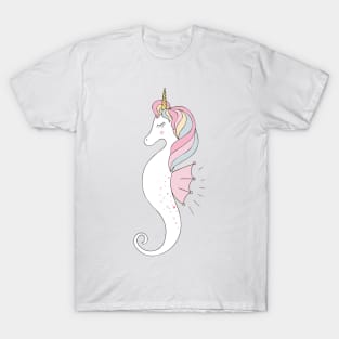 Pastel Rainbow Unicorn Seahorse with Stars, Pearls and Hearts T-Shirt